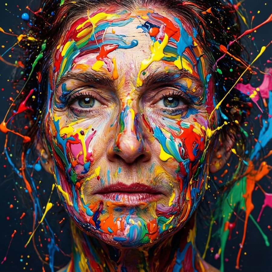 An artistic abstract portrait of Nancy Marchand with colorful paint splatters.