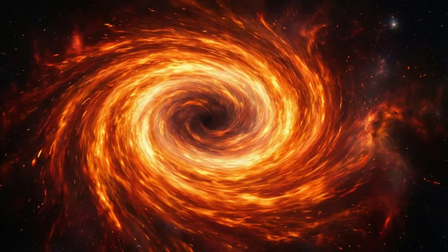 En kvasar omgiven av en eldröd och orange ackretionsskiva, som visar extrem kosmisk energi.