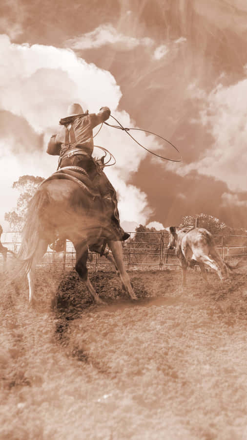 Cowboy beim Roping von Vieh im Sepia-Ton