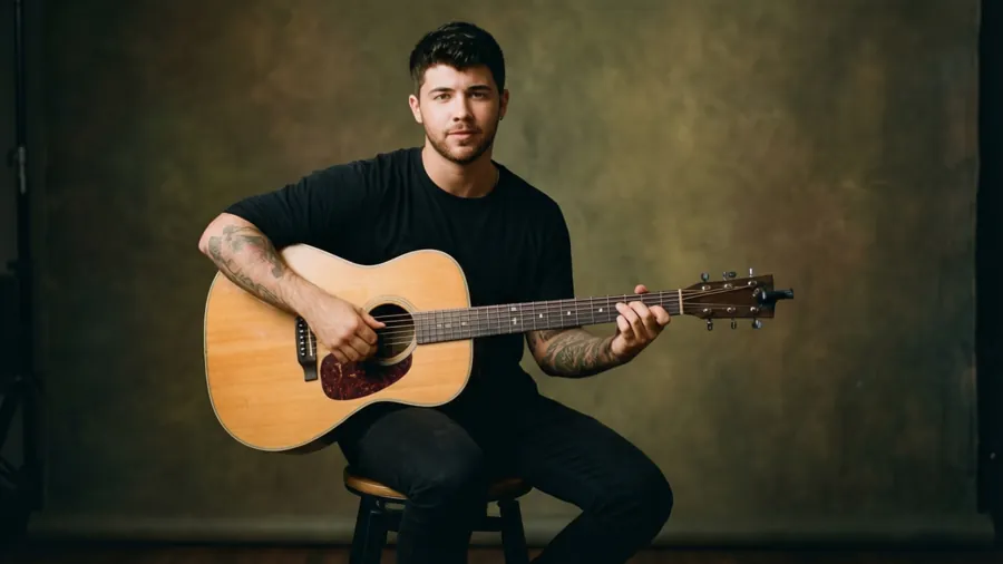 Nick Jonas strums an acoustic guitar in an intimate studio session.