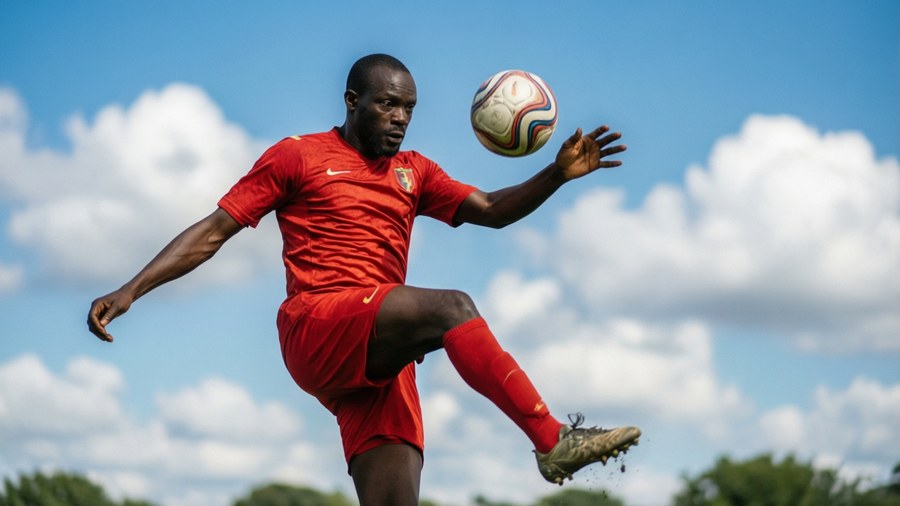 Abdoulaye Doucouré heading the ball mid-air under a blue sky.