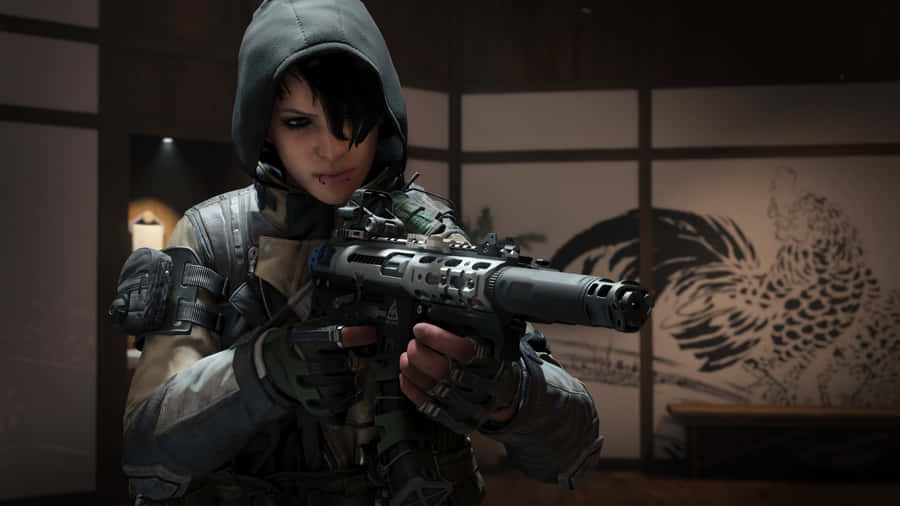 Fundoem 4k de Call Of Duty Modern Warfare com uma mulher encapuzada segurando uma Uzi.