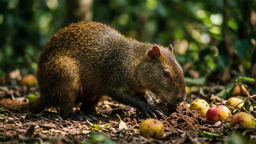 An agouti foraging for food on the forest floor, with fruits and dappled light.