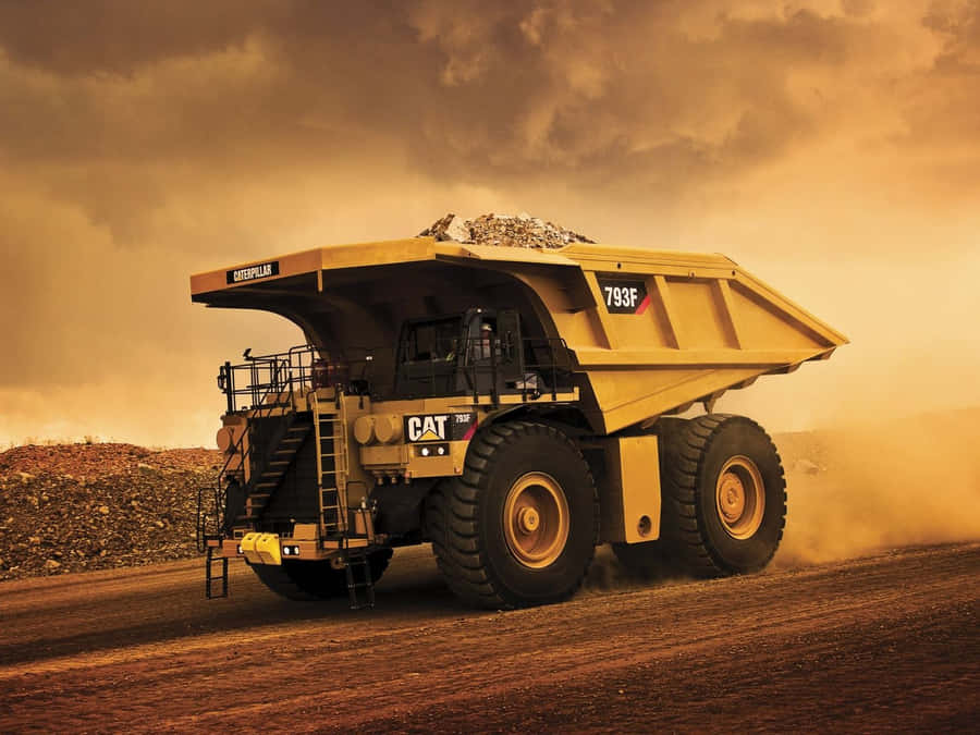 Enkraftfuld, robust gul dump truck transporterer laster.