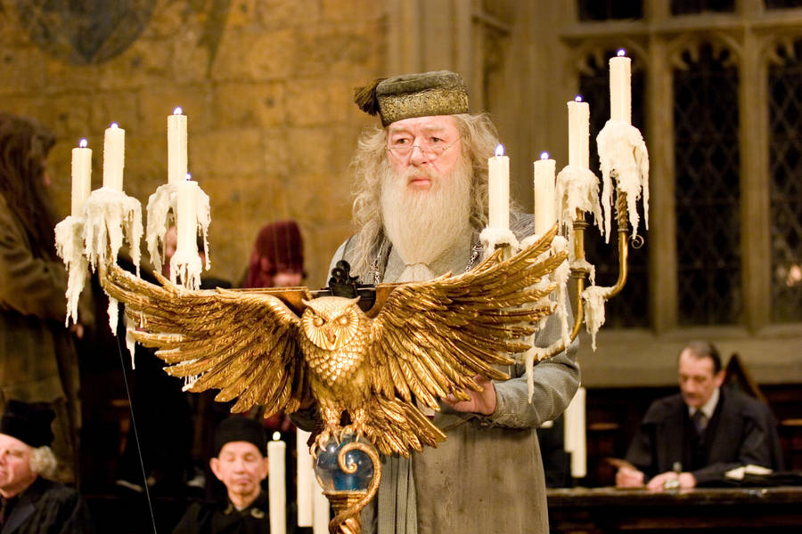 Download Albus Dumbledore With Owl Lectern Wallpaper | Wallpapers.com