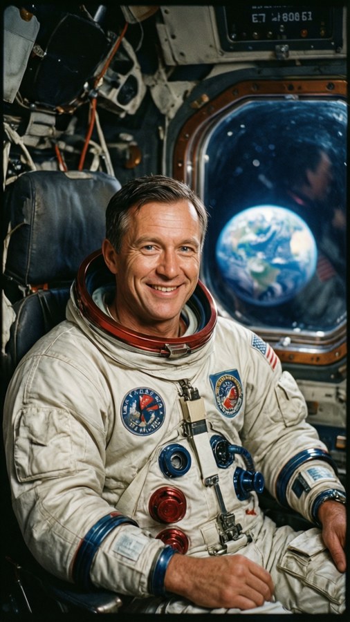 A candid portrait of Buzz Aldrin inside the spacecraft with Earth in the background.
