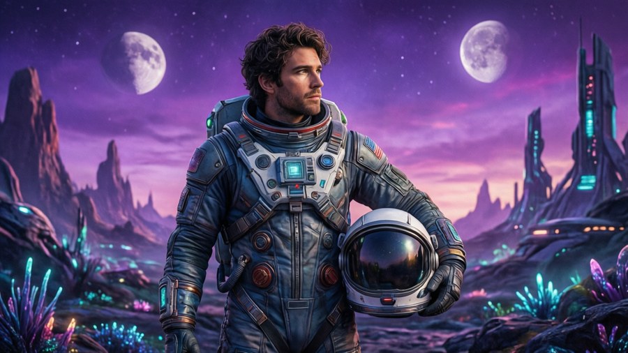 Carmel Amit som astronaut på en fremmed planet, sci-fi tema