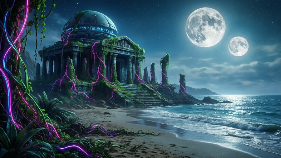 Sci-fi-strand med alien-tempelruiner och neonrankor
