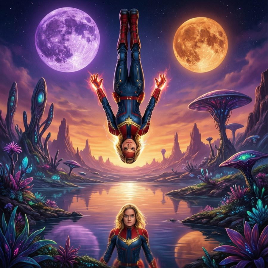 Captain Marvel flies over an alien world with twin moons and vivid flora.