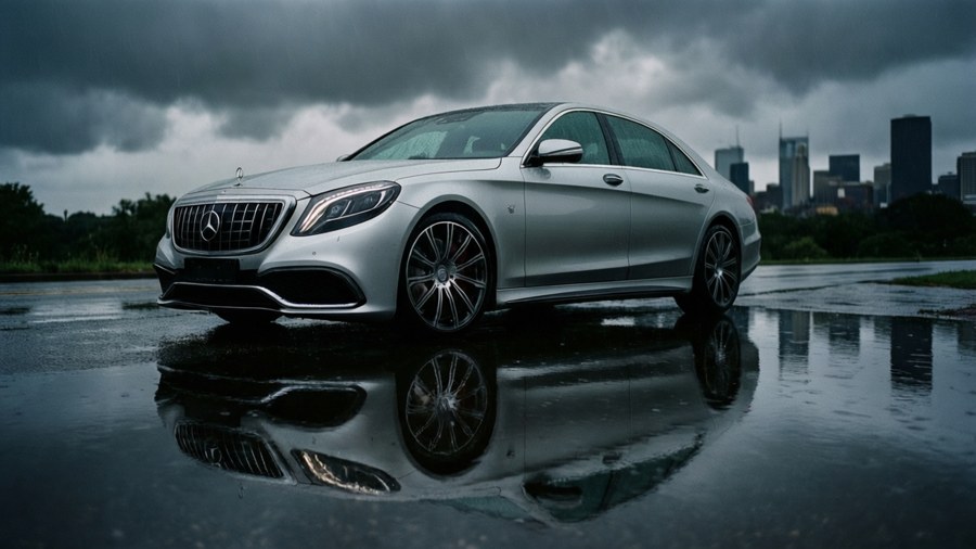 Silver AMG S63 reflected in puddle after rain with moody sky