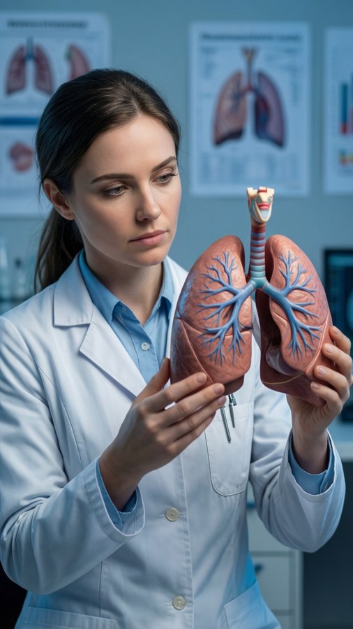 A respiratory therapist studying a detailed lung model in a lab setting.