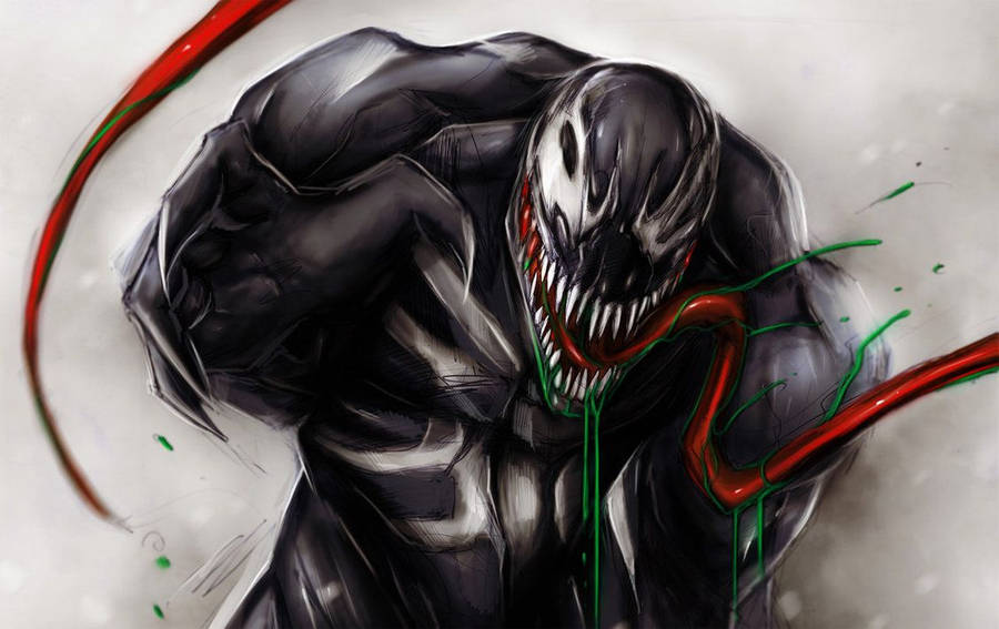 Angry Venom baring red tongue while spitting green saliva wallpaper. 