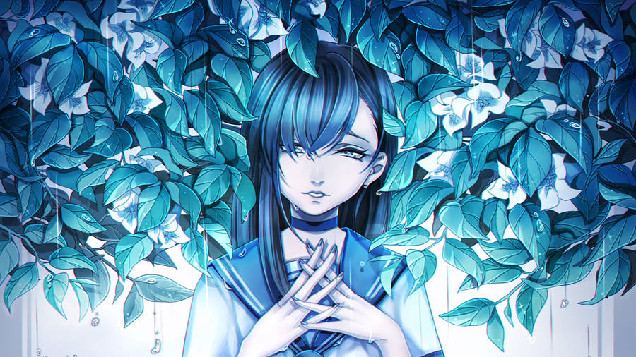 Anime art of flowers surrounding a girl wallpaper