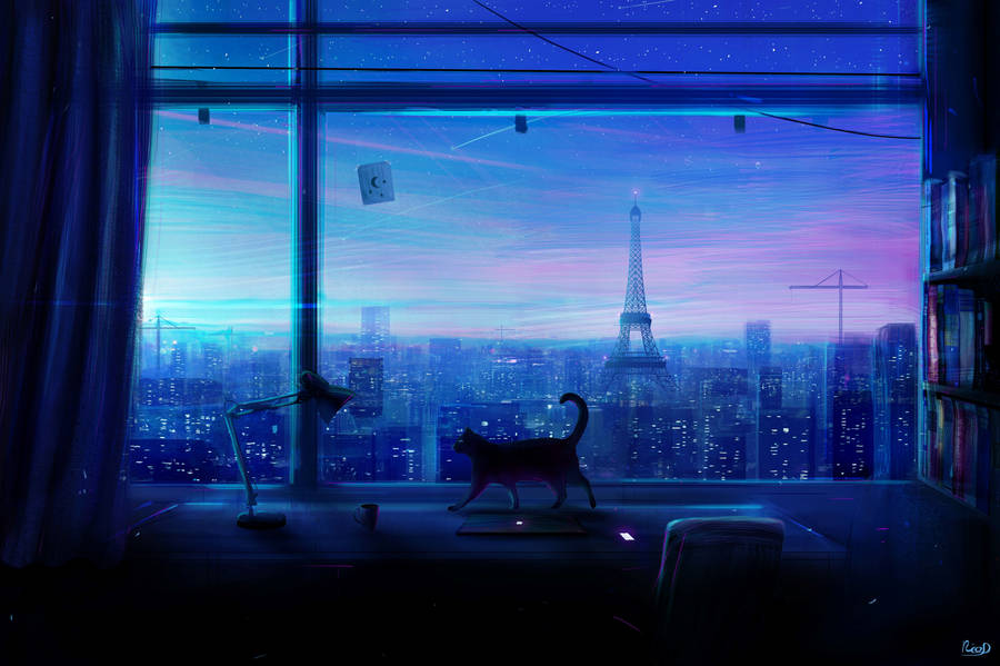 Download Anime City Window Cat Wallpaper | Wallpapers.com