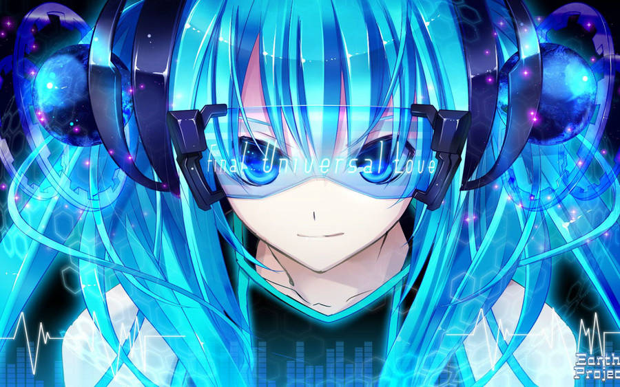 Anime girl with long blue hair wearing a high tech eye glasses.