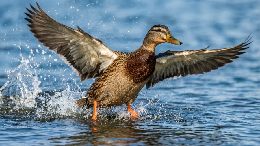En anka bryter upp från vattnet med utsträckta vingar och stänkande vattendroppar.