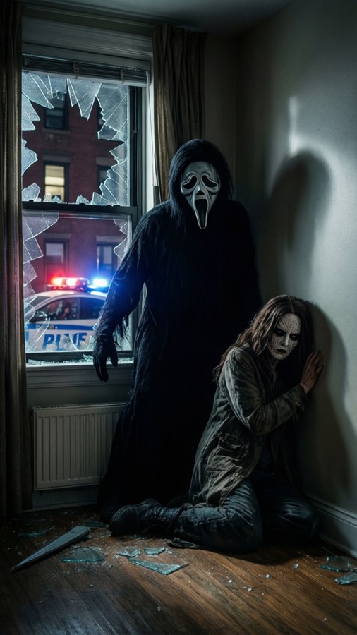 Ghostface attacking in a New York apartment