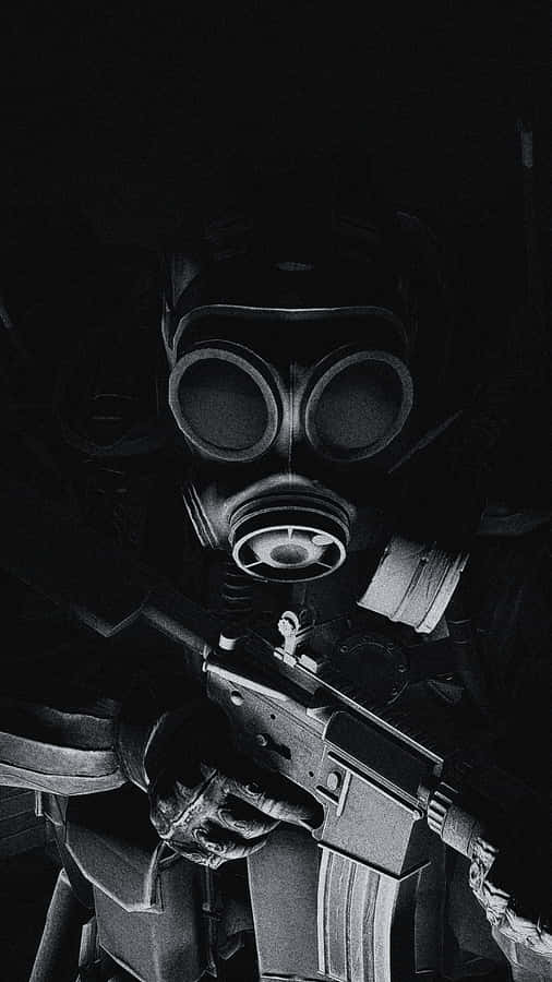 AndroidCounter-Strike Global Offensive Schwarz-Weiß-Foto mit einem Gasmaske tragenden Soldaten als Hintergrund