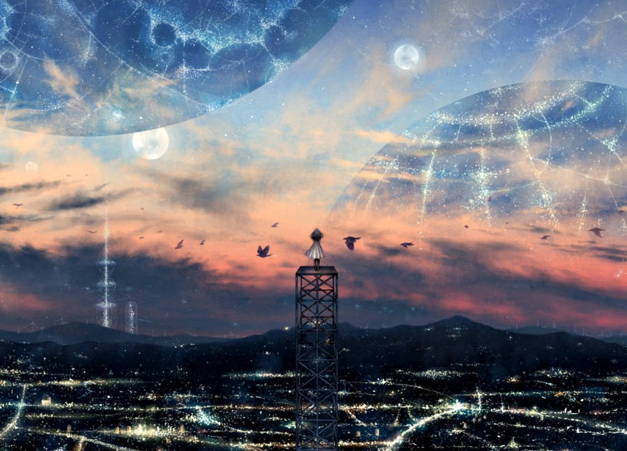 "TowerGirl Anime Planet" can be translated to "Tårnpige Anime Planet" in Danish in the context of computer or mobile wallpaper.