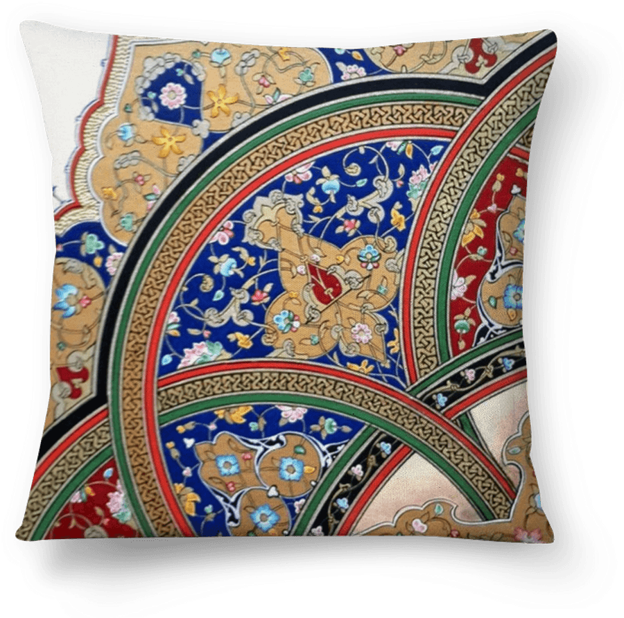 Arabesque Pattern Cushion Design PNG — A square pillow with intricate floral and geometric patterns in blue red gold and cream against a black background.