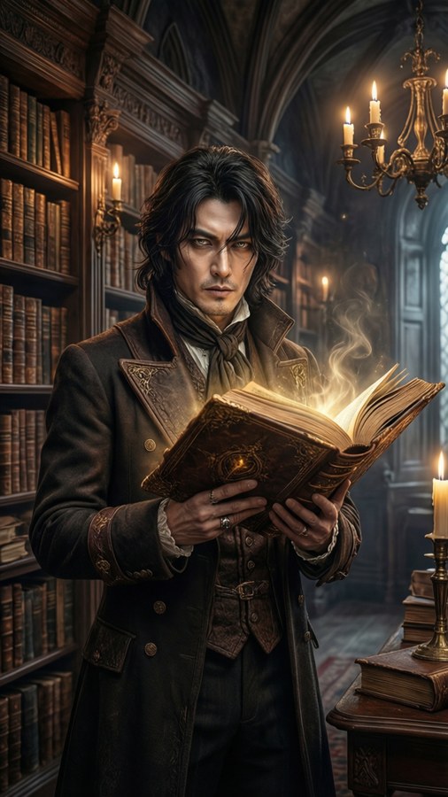 Mystical wallpaper of Walker Yumasaki in a library with glowing book