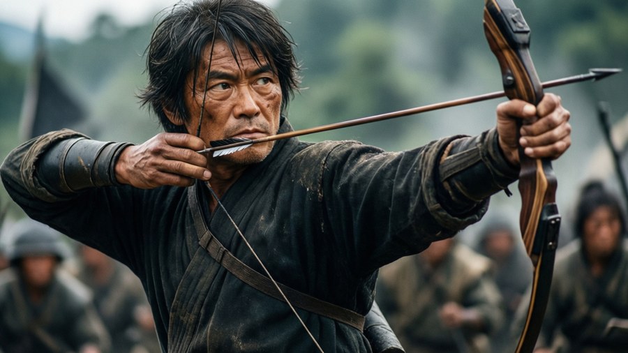 Kuga Terunori drawing a bow in action