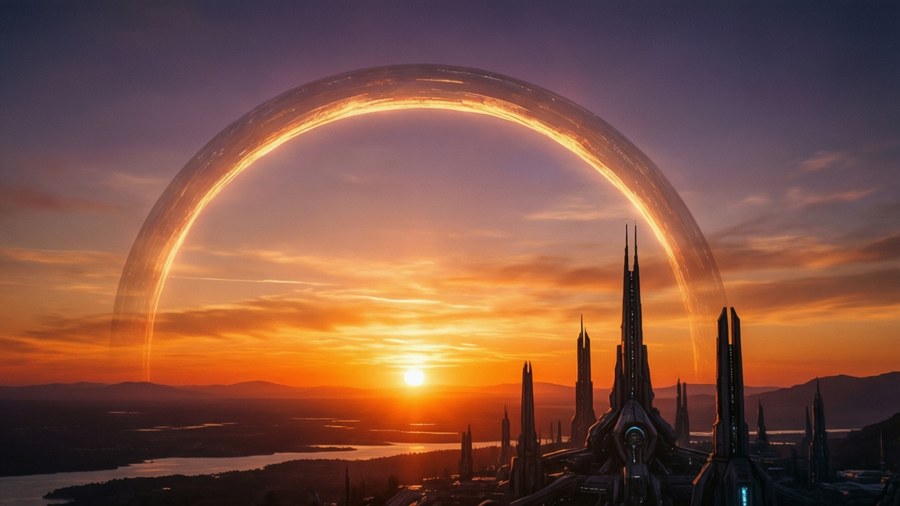 A serene sunset view on the Halo Ark with spires in silhouette.