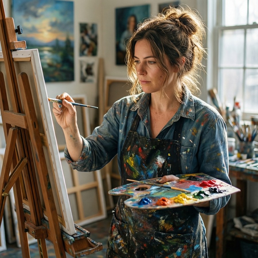Coco Quinn painting in a bright art studio, surrounded by colors