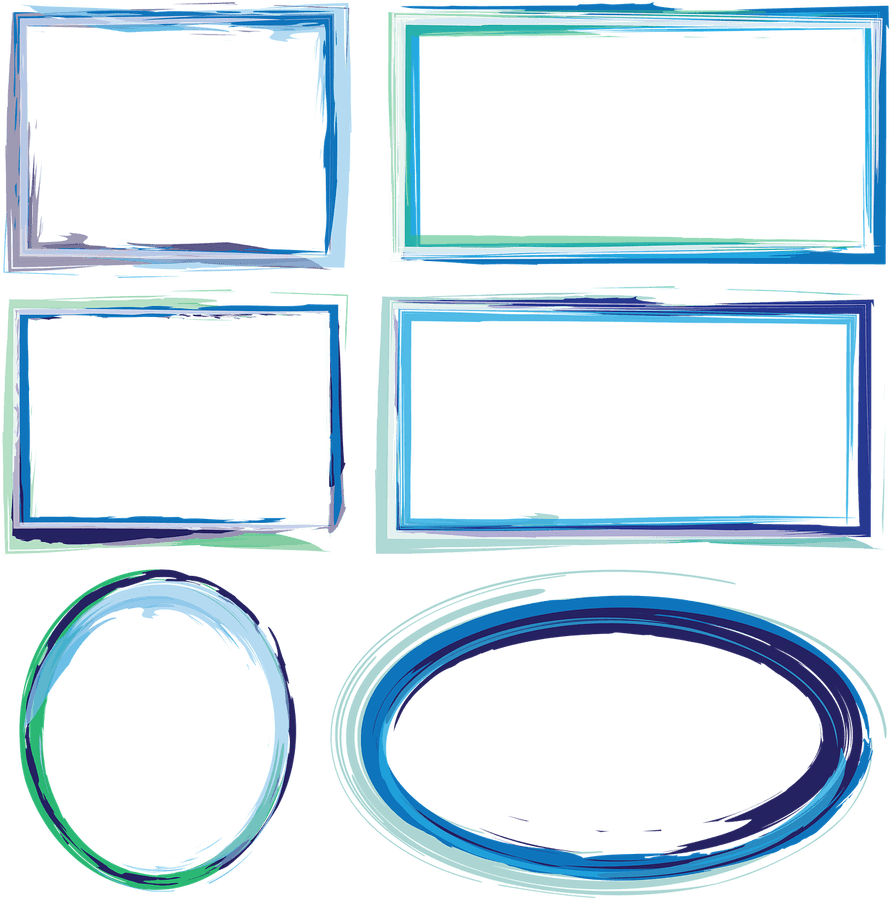Assorted Blue Frames Collection PNG — Six abstract frames and two ovals with vibrant blue green and purple brushstroke borders on black background.