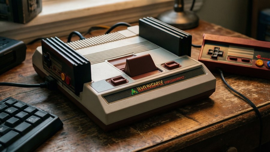 A nostalgic shot of the classic Atari 2600 console on a wooden table.