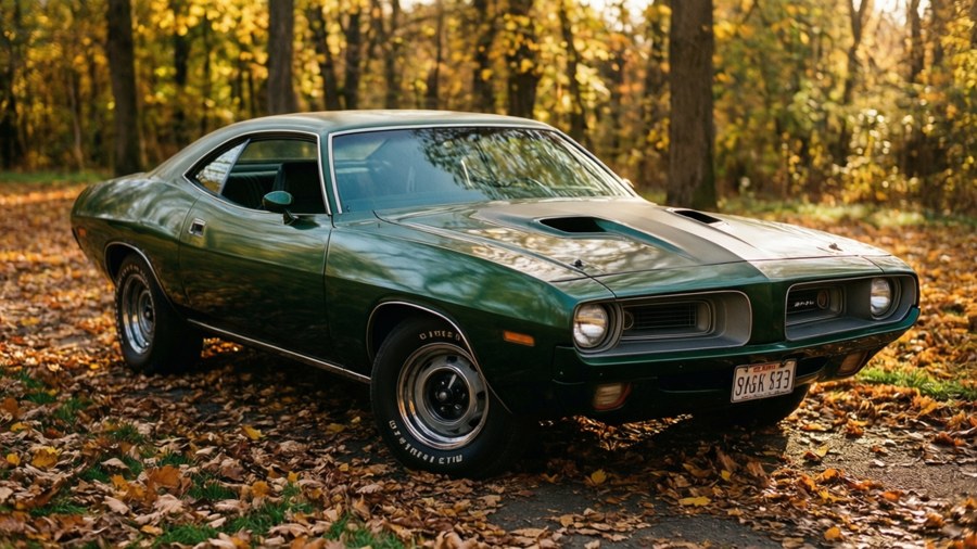 A green 1974 Barracuda rests among fall leaves in the warm golden hour light.