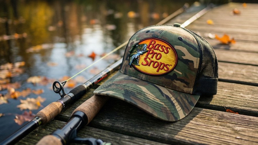 Bass Pro Shops camo hat and fishing rod on a dock.