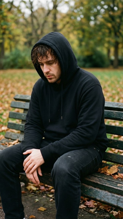 Lost Frequencies on a park bench surrounded by autumn leaves, contemplative.