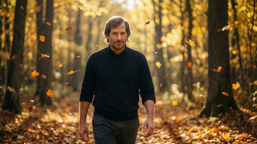 Reed Paul Jobs walking in an autumn forest with a cinematic, ethereal atmosphere.