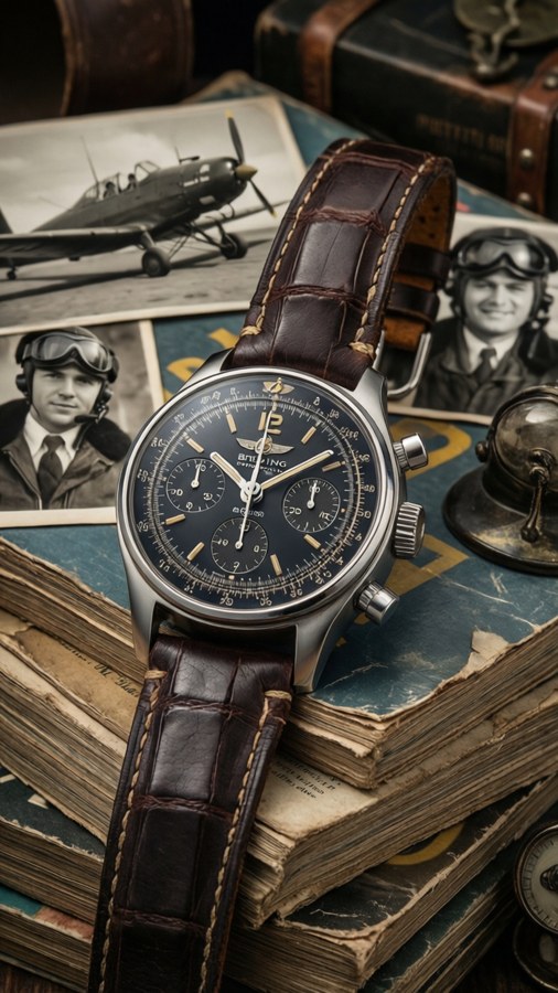 Relógio Breitling sobre pilha de revistas de aviação vintage com fotos antigas de pilotos