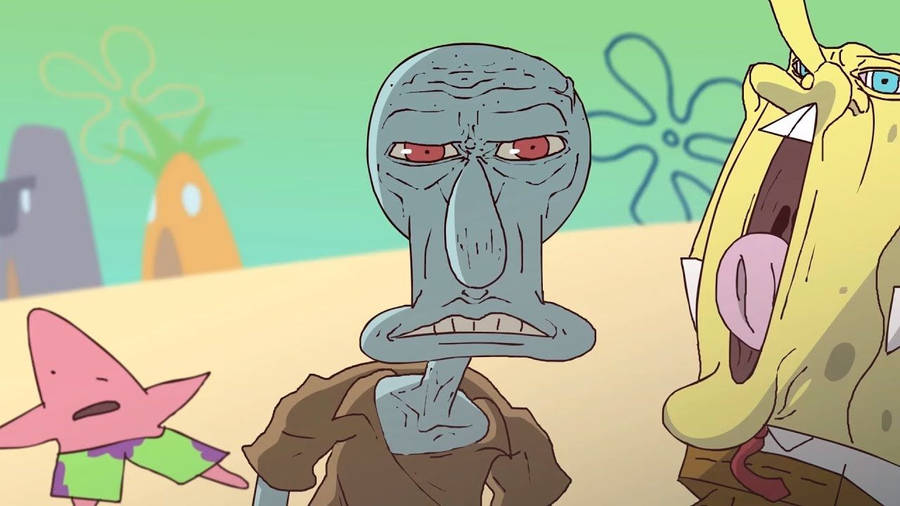 Photo of funny and awkward faces of Spongebob and Squidward