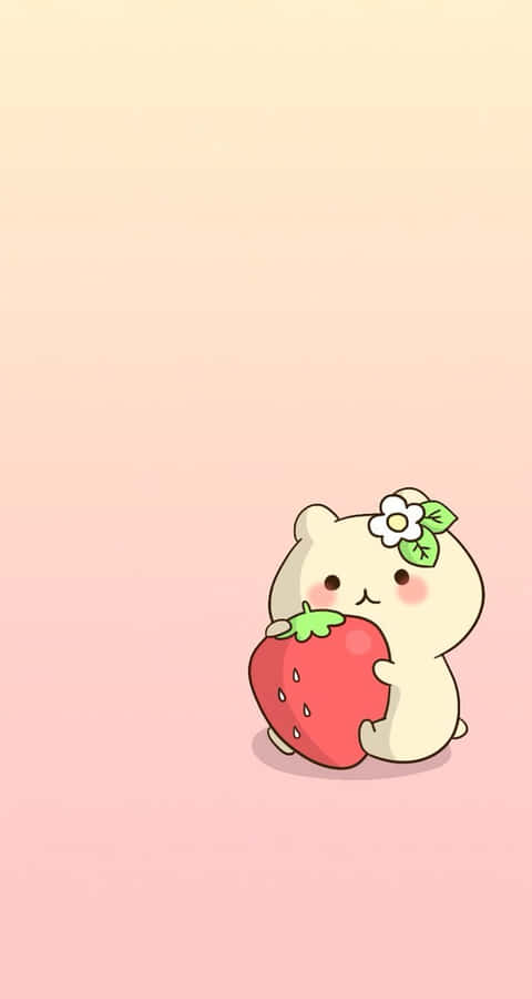 Ursinho Kawaii Abraçando Morango em Fundo Rosa