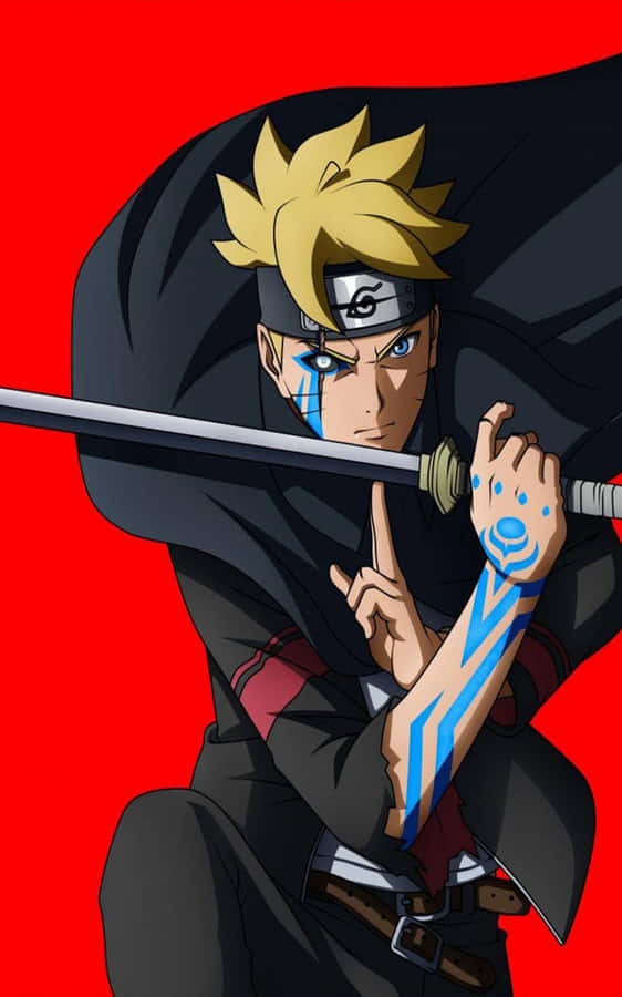 Naruto mit Schwert vor rotem Hintergrund