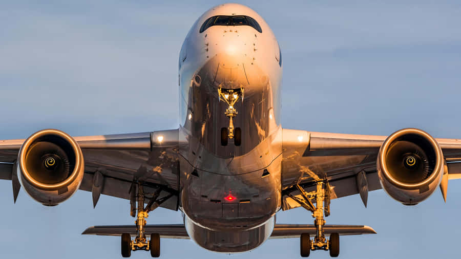 Vista Frontale di un Aereo Commerciale Airbus al Crepuscolo