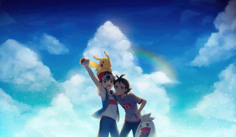 Ash e Pikachu in Posa di Vittoria con Arcobaleno