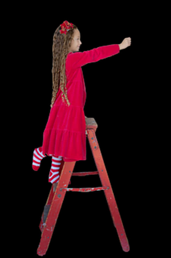 Girlin Red Reaching Outon Ladder