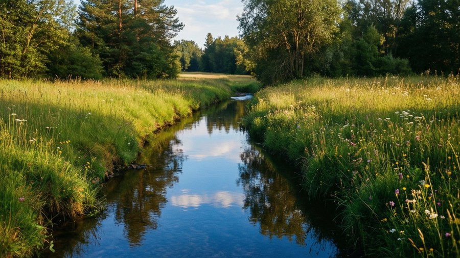 En fridfull bäck rinner genom en frodig äng med reflektioner.