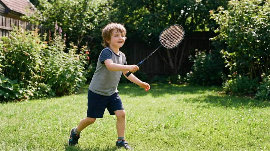 A joyful child playing badminton in a garden on a sunny day.