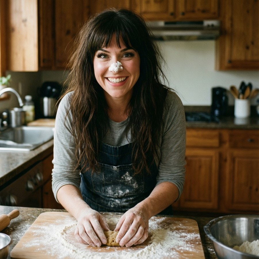 Colleen Ballinger baking cookies in a rustic kitchen
