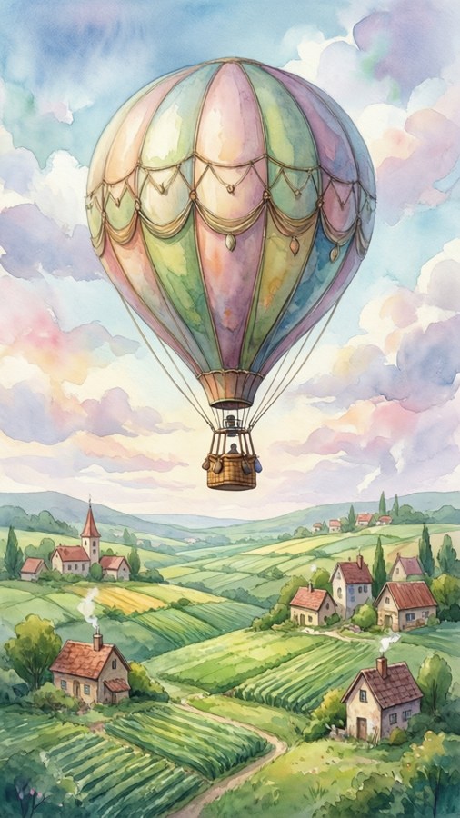 Um papel de parede suave em aquarela de um balão de ar quente sobre campos verdes e vilarejos.