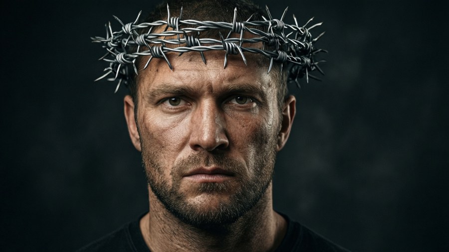 Retrato de Yuri Boyka com uma coroa de arame farpado