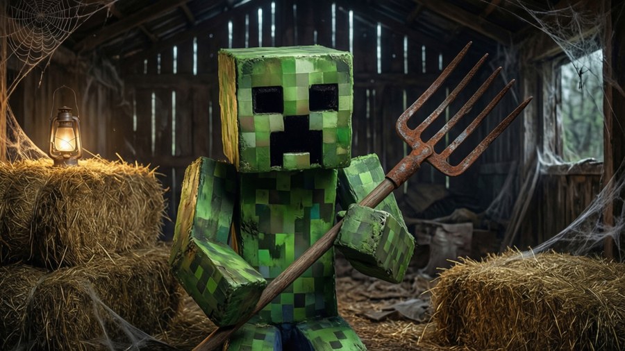 The Creeper stands in a dark barn with a pitchfork.