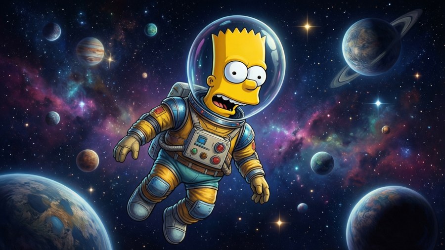 Bart Simpson flottant dans l'espace entouré d'étoiles et de planètes colorées.