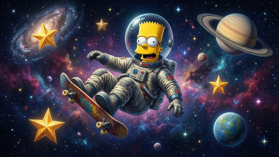 Bart Simpson floating in space with a skateboard and spacesuit