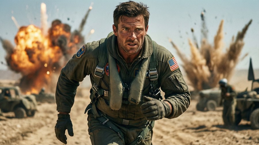 Quatre running through desert battlefield with explosions